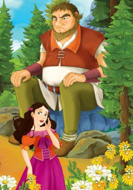 Çizgi film sahne orman ve dev kaya - illüstrasyon çocuklar için oturup güzel bir kızla