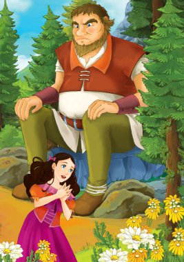 Çizgi film sahne orman ve dev kaya - illüstrasyon çocuklar için oturup güzel bir kızla