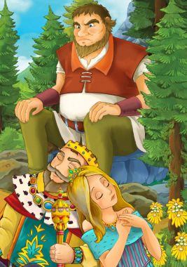 Bazı güzel kız ve babası ormandaki dev kaya - gösterim amacıyla çocuk defada uyku ile çizgi film sahne 