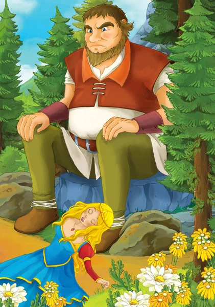 Çizgi film sahne orman ve dev kaya - illüstrasyon çocuklar için oturup güzel bir kızla