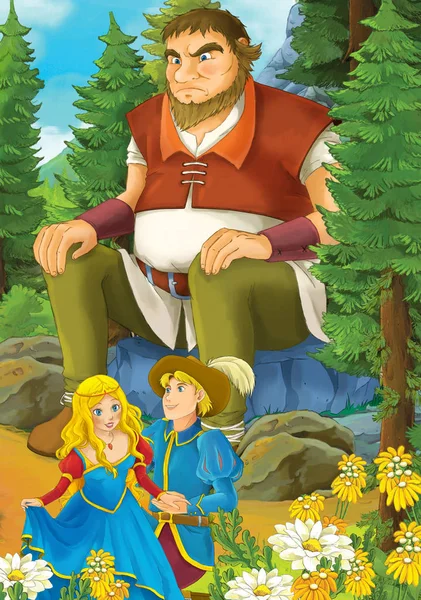Cartoon scene with some beautiful married couple in forest and giant sitting on the rock - illustration for children