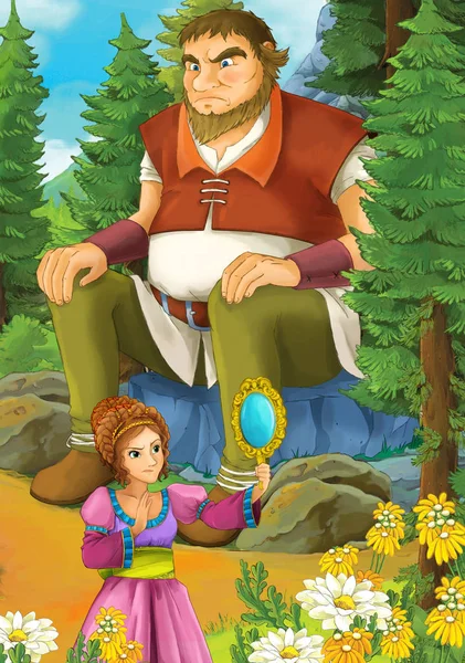 Cartoon Scene Some Beautiful Girl Forest Looking Mirror Giant Sitting — Stock Photo, Image