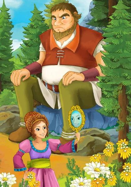 Cartoon Scene Some Beautiful Girl Forest Looking Mirror Giant Sitting — Stock Photo, Image