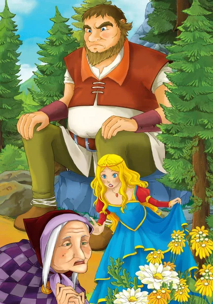 Cartoon Scene Some Beautiful Girl Forest Meeting Older Woman Giant — Stock Photo, Image