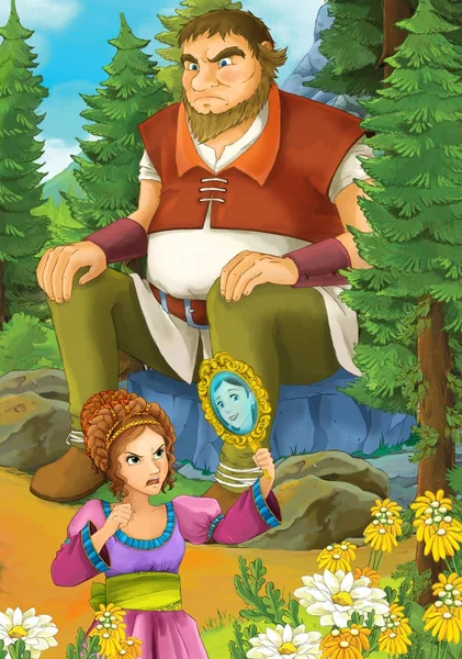 Çizgi film sahne ayna ve dev kaya - illüstrasyon çocuklar için oturma seyir ormandaki güzel bir kızla