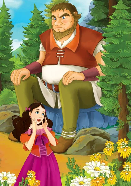 Çizgi film sahne orman ve dev kaya - illüstrasyon çocuklar için oturup güzel bir kızla