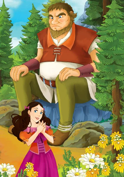 Γελοιογραφία Σκηνή Κάποιο Όμορφο Κορίτσι Στο Δάσος Και Γιγαντιαία Κάθεται — Φωτογραφία Αρχείου
