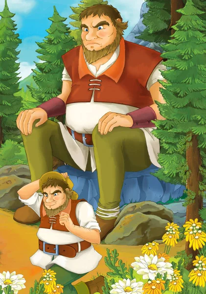 Çizgi film sahne bazı adam ve dev orman - çocuklar için illüstrasyon kayaya oturan 