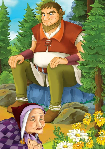 Cartoon Scen Med Några Äldre Kvinna Skog Och Giant Sitter — Stockfoto