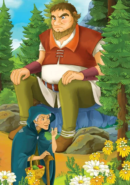 卡通场面与一些老妇人在森林和巨人坐在岩石 例证为孩子 — 图库照片