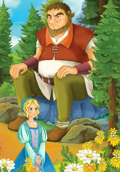 Çizgi film sahne orman ve dev kaya - illüstrasyon çocuklar için oturup güzel bir kızla