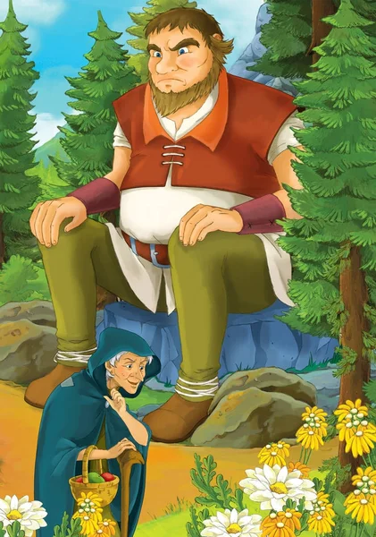 Orman ve dev kaya - çocuklar için illüstrasyon oturan bazı yaşlı kadın ile çizgi film sahne