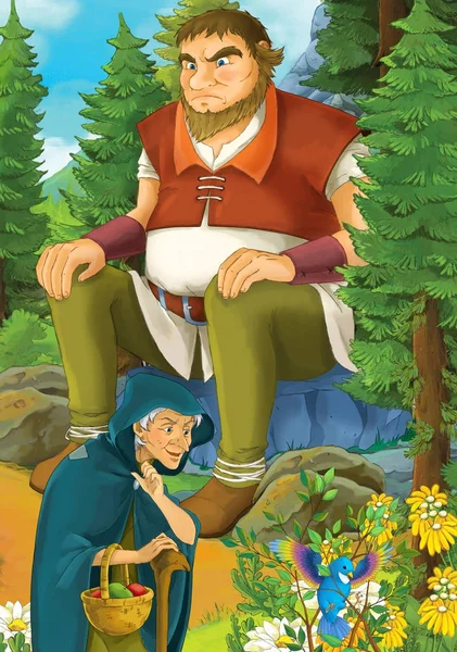 Cartoon Scen Med Några Äldre Kvinna Skog Och Giant Sitter — Stockfoto