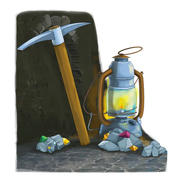 Cartoon Mijnbouw Tools Olielamp Pick Bijl Illustratie Voor Kinderen — Stockfoto