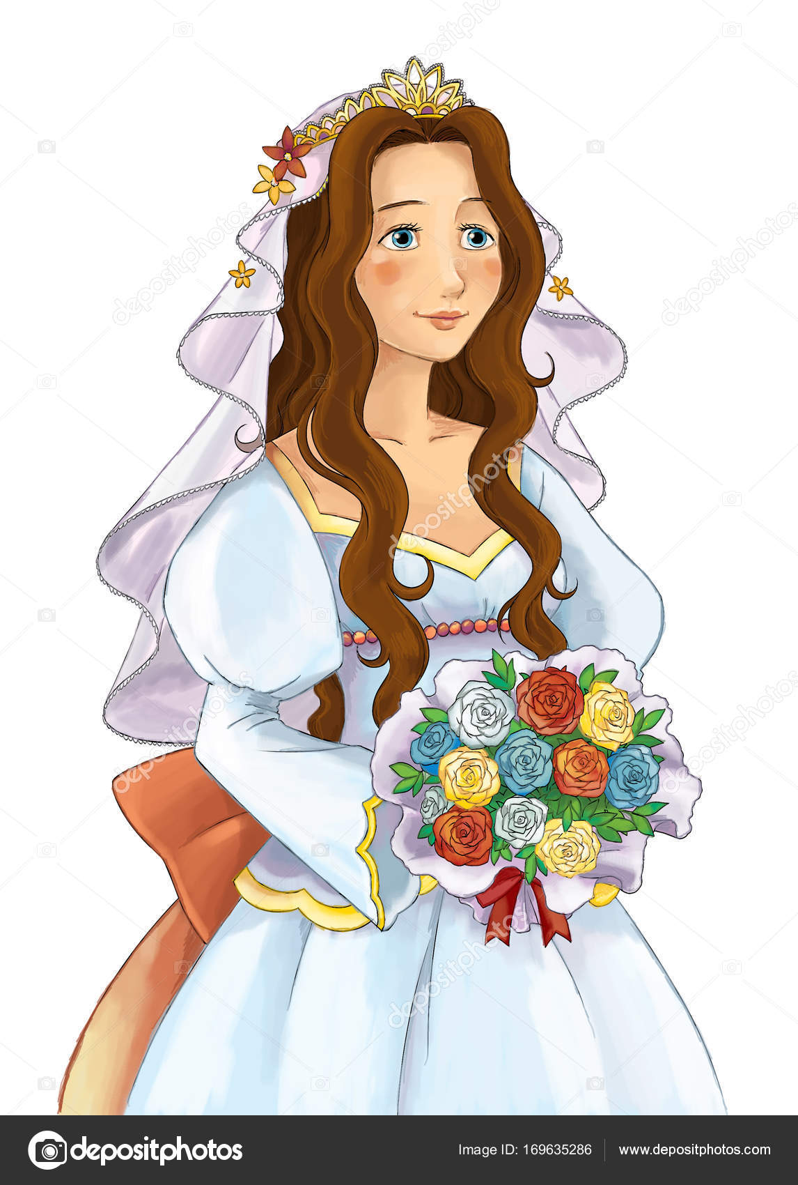 Jeune Princesse Dessin Animé Souriant Belle Femme Robe