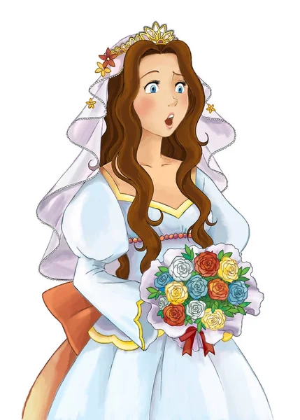 Cartoon Young Princess Smiling Beautiful Woman Wedding Dress Illustration Children — Stock Photo, Image