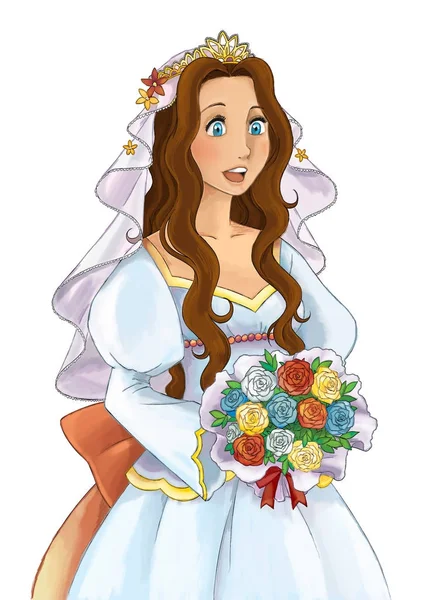 Cartone Animato Giovane Principessa Sorridente Bella Donna Abito Sposa Illustrazione — Foto Stock