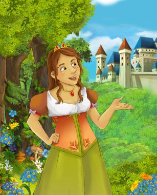 İçinde belgili tanımlık geçmiş - illüstrasyon çocuklar için castle yakınındaki ormanda güzel prenses çizgi film sahne