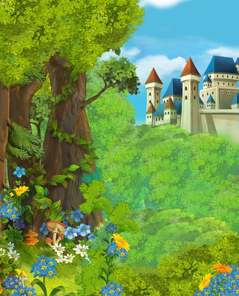 Cena Dos Desenhos Animados Com Belo Castelo Majestoso Perto Floresta — Fotografia de Stock