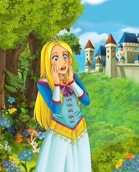 Escena Dibujos Animados Princesa Hermosa Bosque Cerca Del Castillo Fondo — Foto de Stock