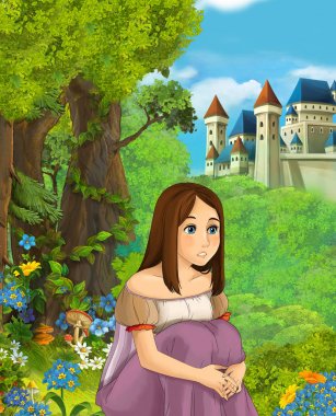 İçinde belgili tanımlık geçmiş - illüstrasyon çocuklar için castle yakınındaki ormanda güzel prenses çizgi film sahne