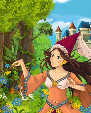 İçinde belgili tanımlık geçmiş - illüstrasyon çocuklar için castle yakınındaki ormanda güzel prenses çizgi film sahne