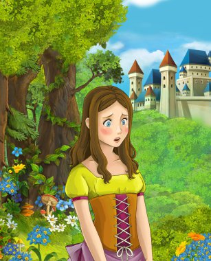 İçinde belgili tanımlık geçmiş - illüstrasyon çocuklar için castle yakınındaki ormanda güzel prenses çizgi film sahne
