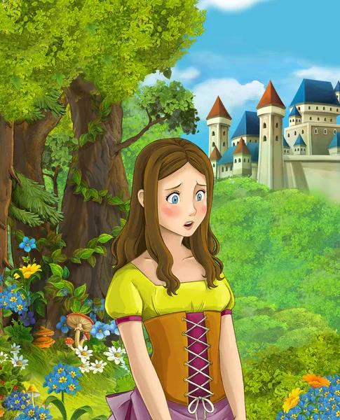 İçinde belgili tanımlık geçmiş - illüstrasyon çocuklar için castle yakınındaki ormanda güzel prenses çizgi film sahne