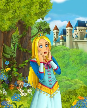 İçinde belgili tanımlık geçmiş - illüstrasyon çocuklar için castle yakınındaki ormanda güzel prenses çizgi film sahne