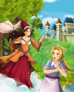 Çizgi film sahne içinde belgili tanımlık geçmiş - illüstrasyon çocuklar için castle yakınındaki ormanda bir kız güzel büyücü döküm büyü