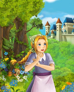 İçinde belgili tanımlık geçmiş - illüstrasyon çocuklar için castle yakınındaki ormanda güzel prenses çizgi film sahne