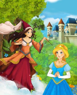 Çizgi film sahne içinde belgili tanımlık geçmiş - illüstrasyon çocuklar için castle yakınındaki ormanda bir kız güzel büyücü döküm büyü