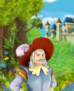 Kral ya da asker içinde belgili tanımlık geçmiş - illüstrasyon çocuklar için castle yakınındaki ormanda çizgi film sahne