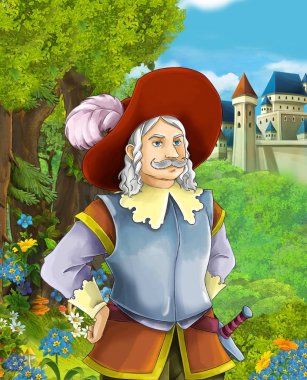 Kral ya da asker içinde belgili tanımlık geçmiş - illüstrasyon çocuklar için castle yakınındaki ormanda çizgi film sahne