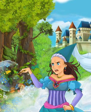 İçinde belgili tanımlık geçmiş - illüstrasyon çocuklar için castle yakınındaki ormanda güzel prenses çizgi film sahne