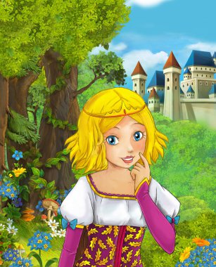 İçinde belgili tanımlık geçmiş - illüstrasyon çocuklar için castle yakınındaki ormanda güzel prenses çizgi film sahne