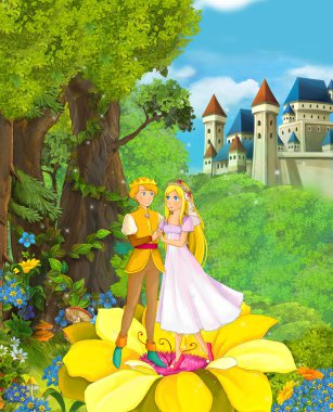 Çizgi film sahne güzel düğün çifti Prens ve Prenses içinde belgili tanımlık geçmiş - illüstrasyon çocuklar için castle yakınındaki ormanda
