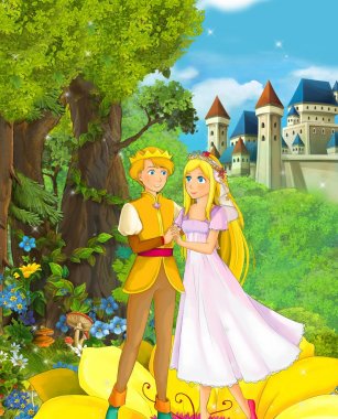 Çizgi film sahne güzel düğün çifti Prens ve Prenses içinde belgili tanımlık geçmiş - illüstrasyon çocuklar için castle yakınındaki ormanda