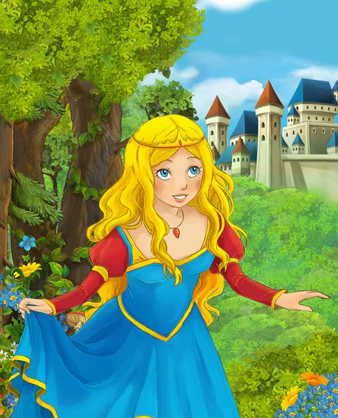 Scena Del Fumetto Bella Principessa Nella Foresta Vicino Castello Sullo — Foto Stock