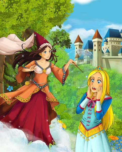 Cartoon Scene Beautiful Sorceress Casting Spell Some Girl Forest Castle — Stock Photo, Image