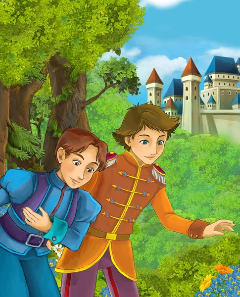 Cartoon Scen Vackra Prinsar Skogen Nära Castle Bakgrunden Illustration För — Stockfoto