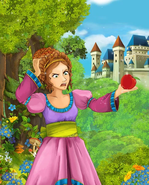 Kreslený Scény Krásná Princezna Lese Nedaleko Hradu Pozadí Ilustrace Pro — Stock fotografie