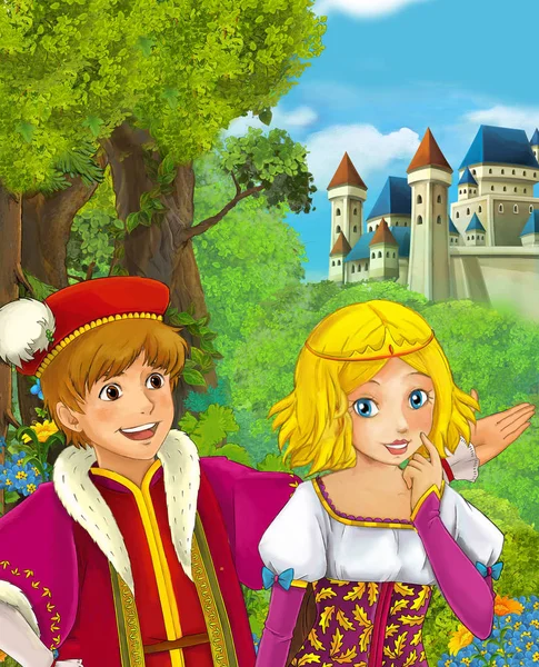 Γελοιογραφία Σκηνή Της Όμορφο Ζευγάρι Πρίγκιπας Και Πριγκίπισσα Στο Δάσος — Φωτογραφία Αρχείου