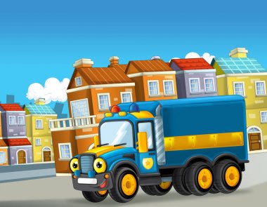 mutlu ve komik karikatür polis kamyon arıyorum ve şehirde - illüstrasyon çocuklar için sürüş gülümseyen