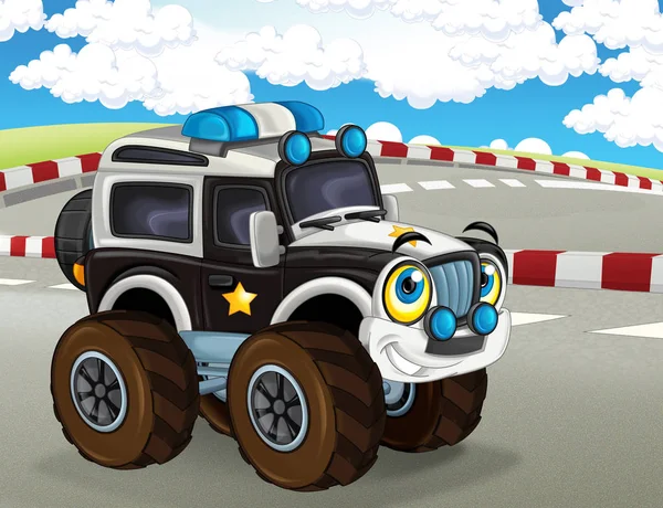 Kreskówka Scena Szczęśliwy Uśmiechający Się Ciężarówka Monster Truck Race Ilustracja — Zdjęcie stockowe