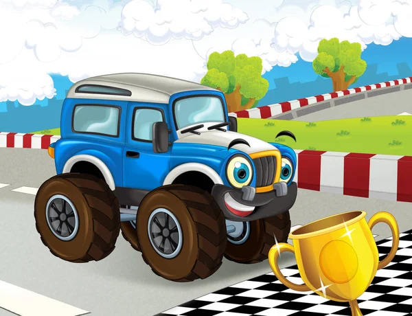 Cartoon Scène Met Gelukkig Lachend Monstertruck Race Truck Illustratie Voor — Stockfoto