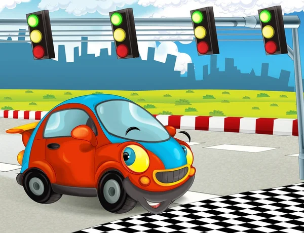 Cartoon Szene Mit Glücklich Lächelndem Rennwagen Auf Der Ziellinie Mit — Stockfoto