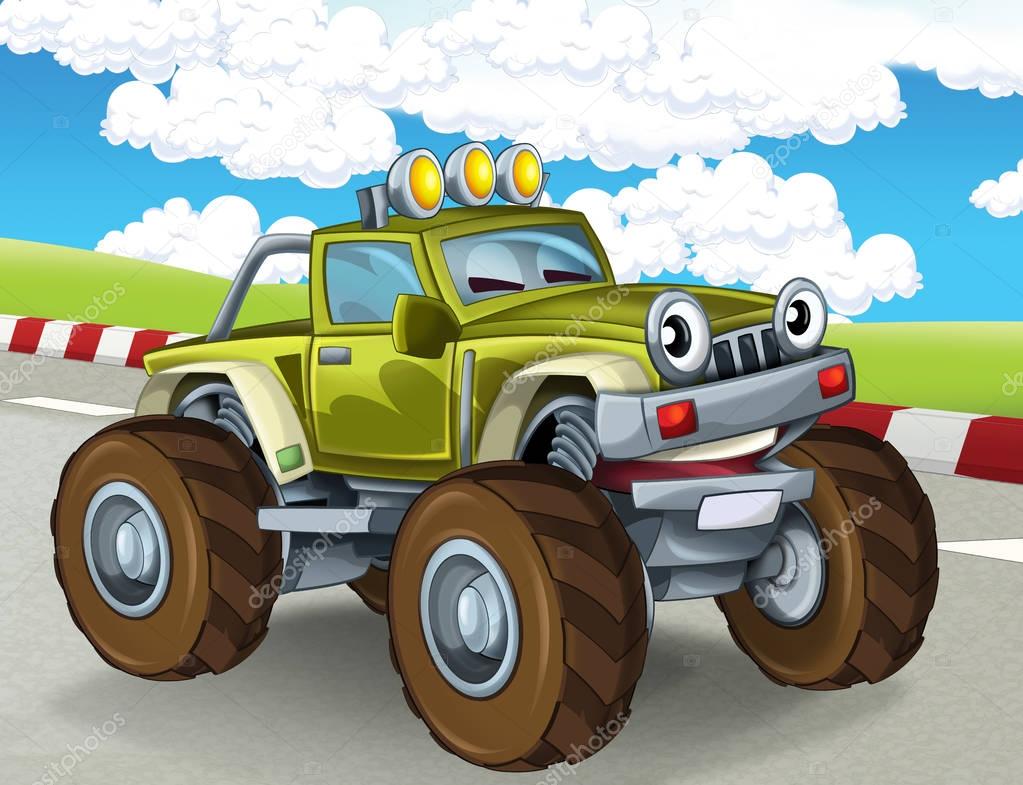 cartoon scene with happy smiling monster truck on the race track - illustration for the children