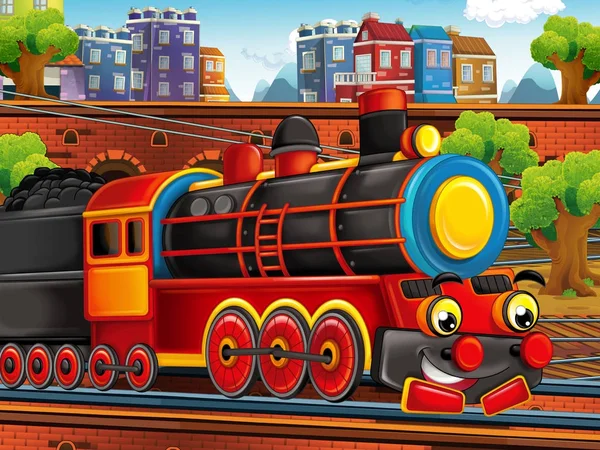 Cartoon funny looking steam train on the train station near the city - illustration for children