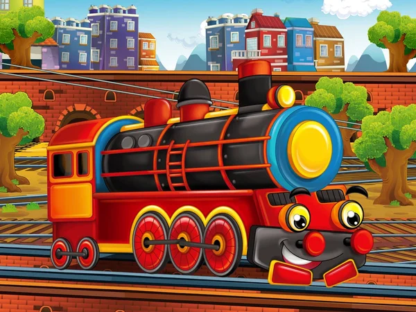 Desenhos Animados Engraçado Olhando Trem Vapor Estação Ferroviária Perto Cidade — Fotografia de Stock